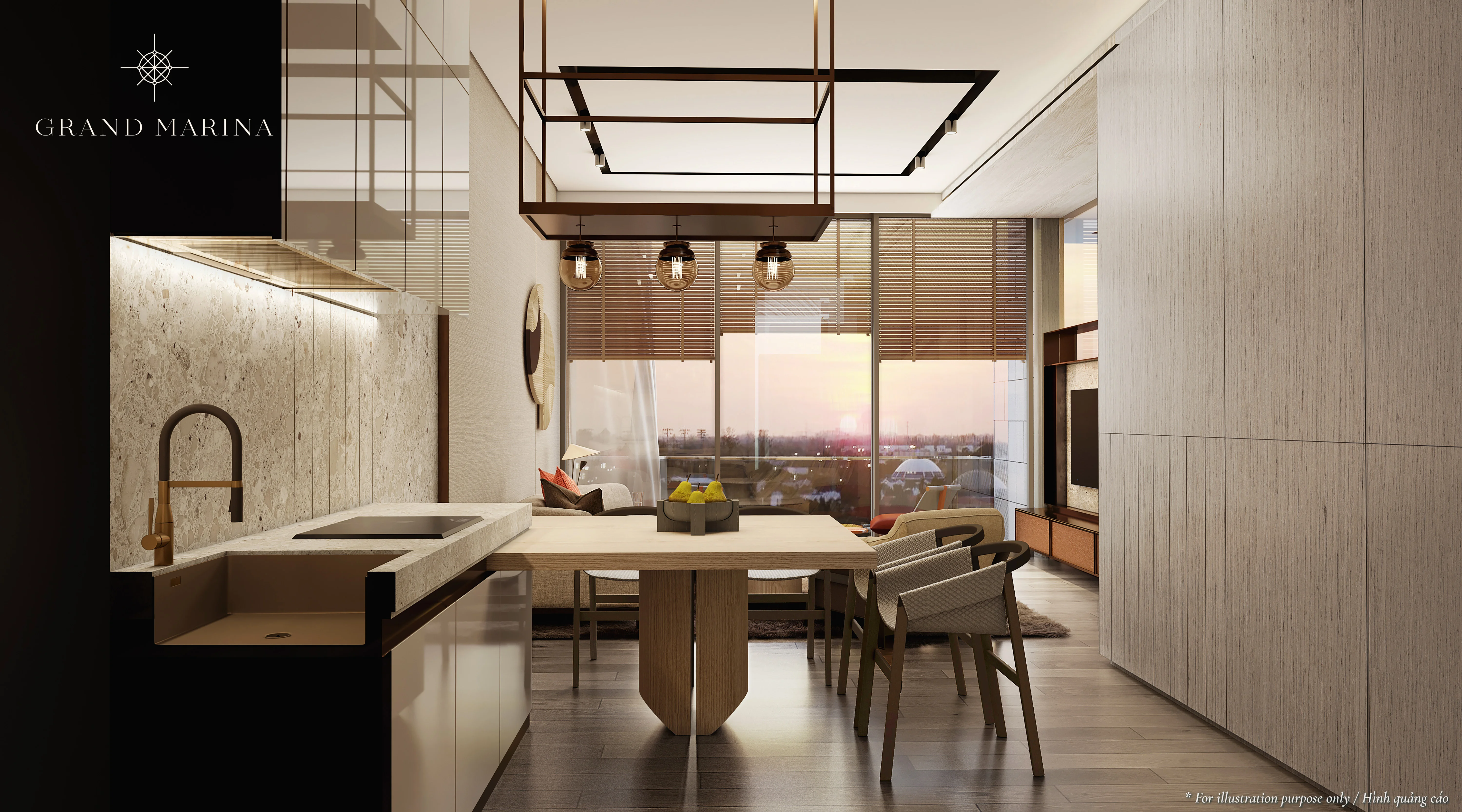 Bếp căn 1PN Grand Marina Saigon — đầy đủ thiết bị nhập khẩu
