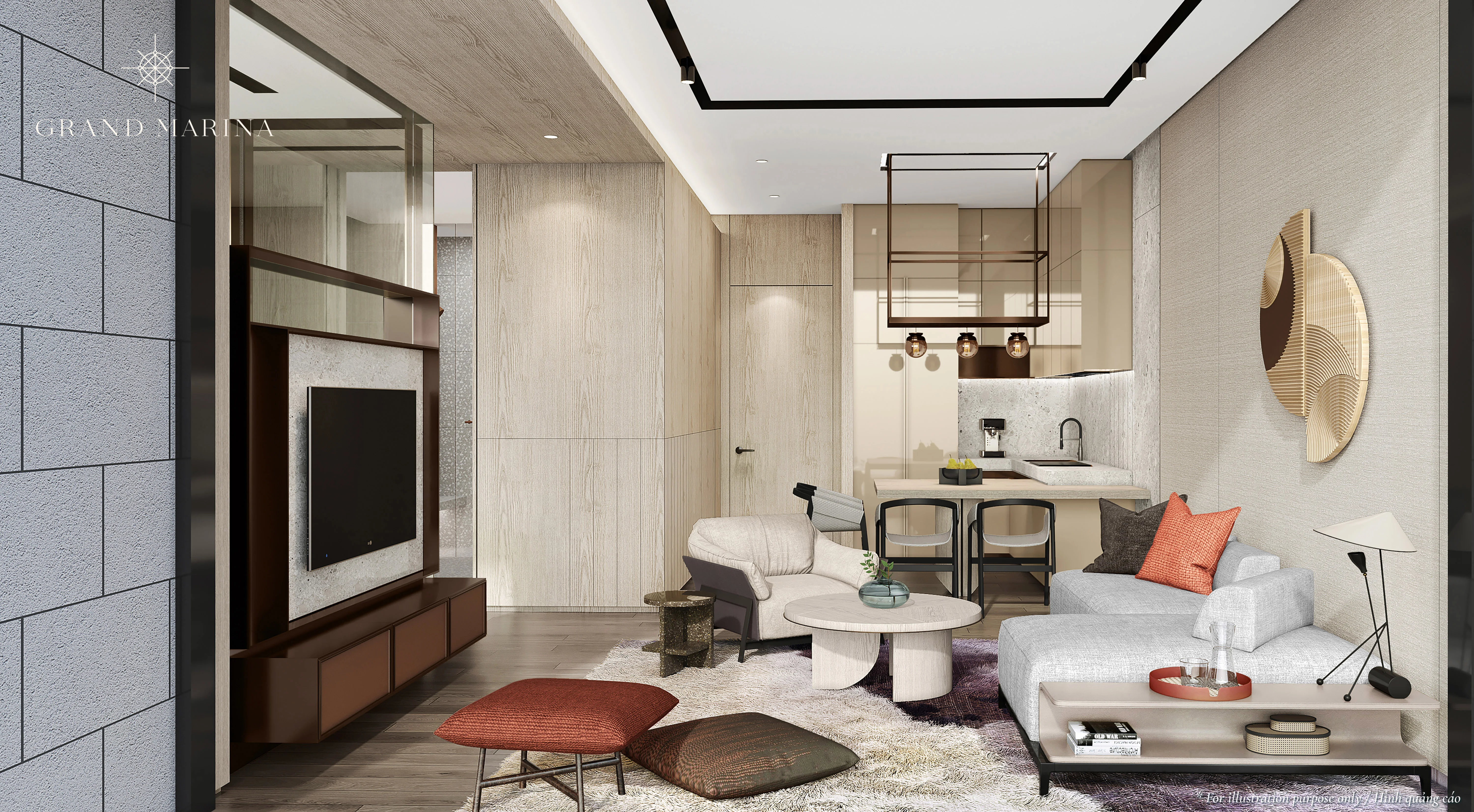 Phòng khách căn hộ Grand Marina Saigon — thiết kế chuẩn Marriott