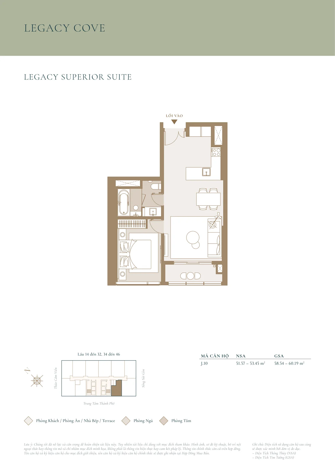Mặt bằng căn 1 phòng ngủ J.10 tòa Cove Grand Marina Saigon — NSA 51.57–53.45 m²